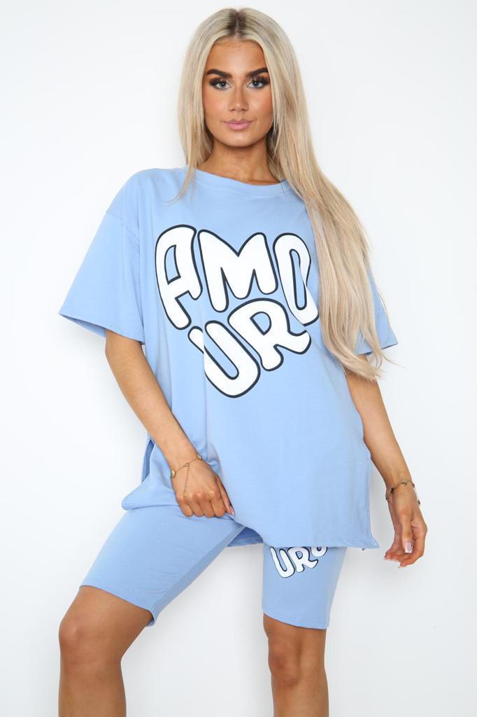 Amour Side Slit Cycling Short and T-Shirts Co-Ord Two Piece Set with Front Amour Slogan