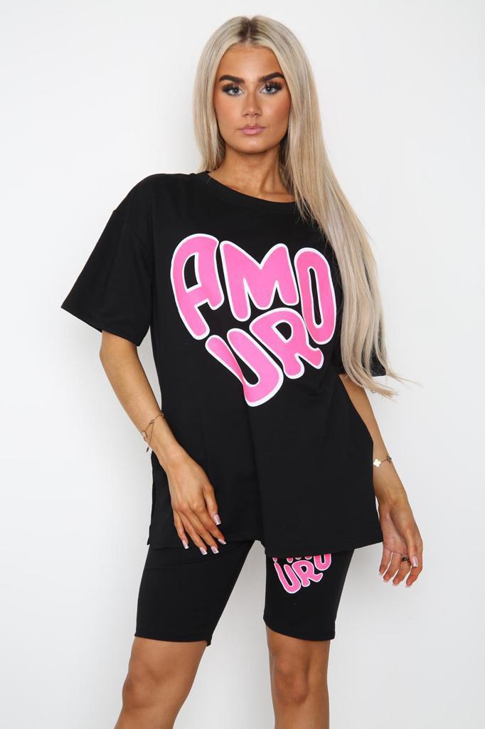 Amour Side Slit Cycling Short and T-Shirts Co-Ord Two Piece Set with Front Amour Slogan