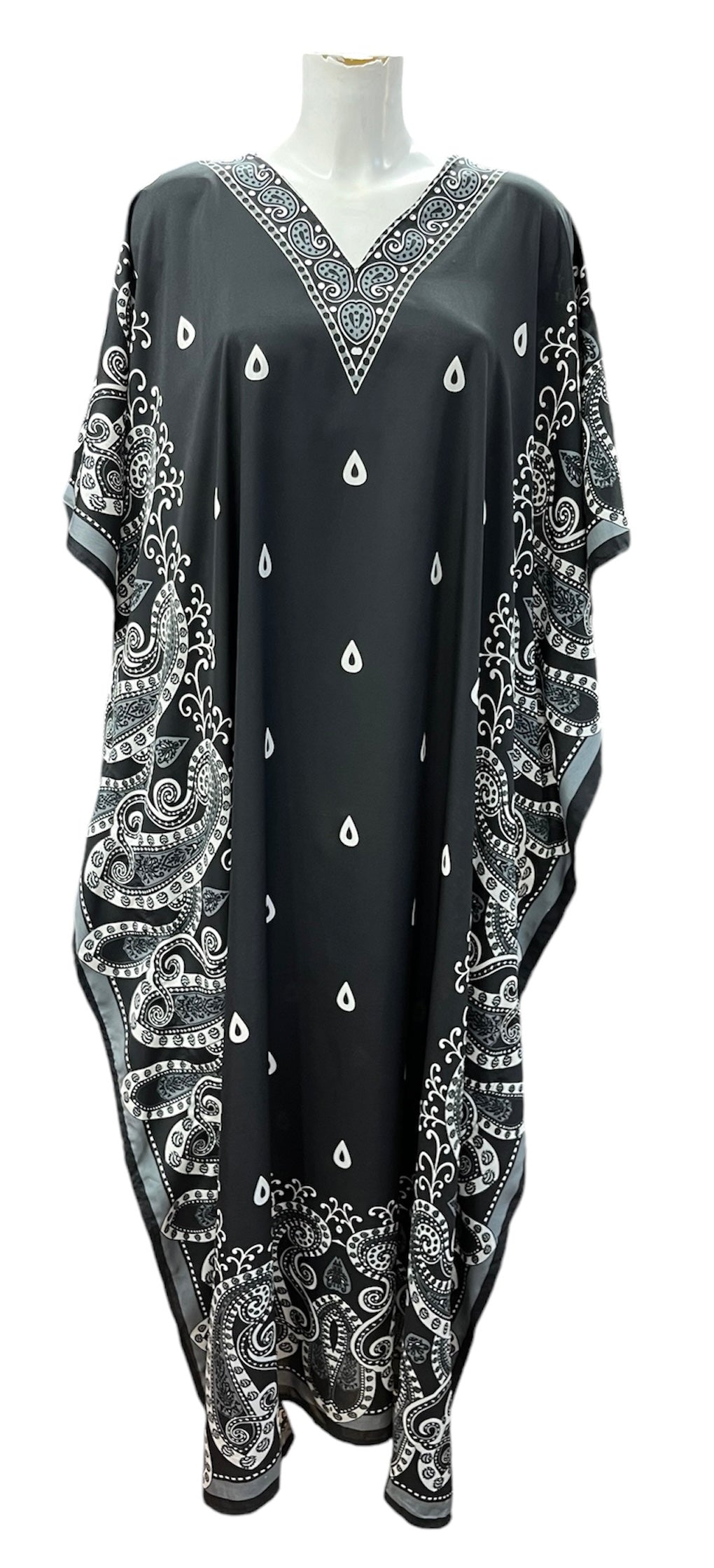 V neck kaftan Tear Drop Pattern and Paisley Edges – Black