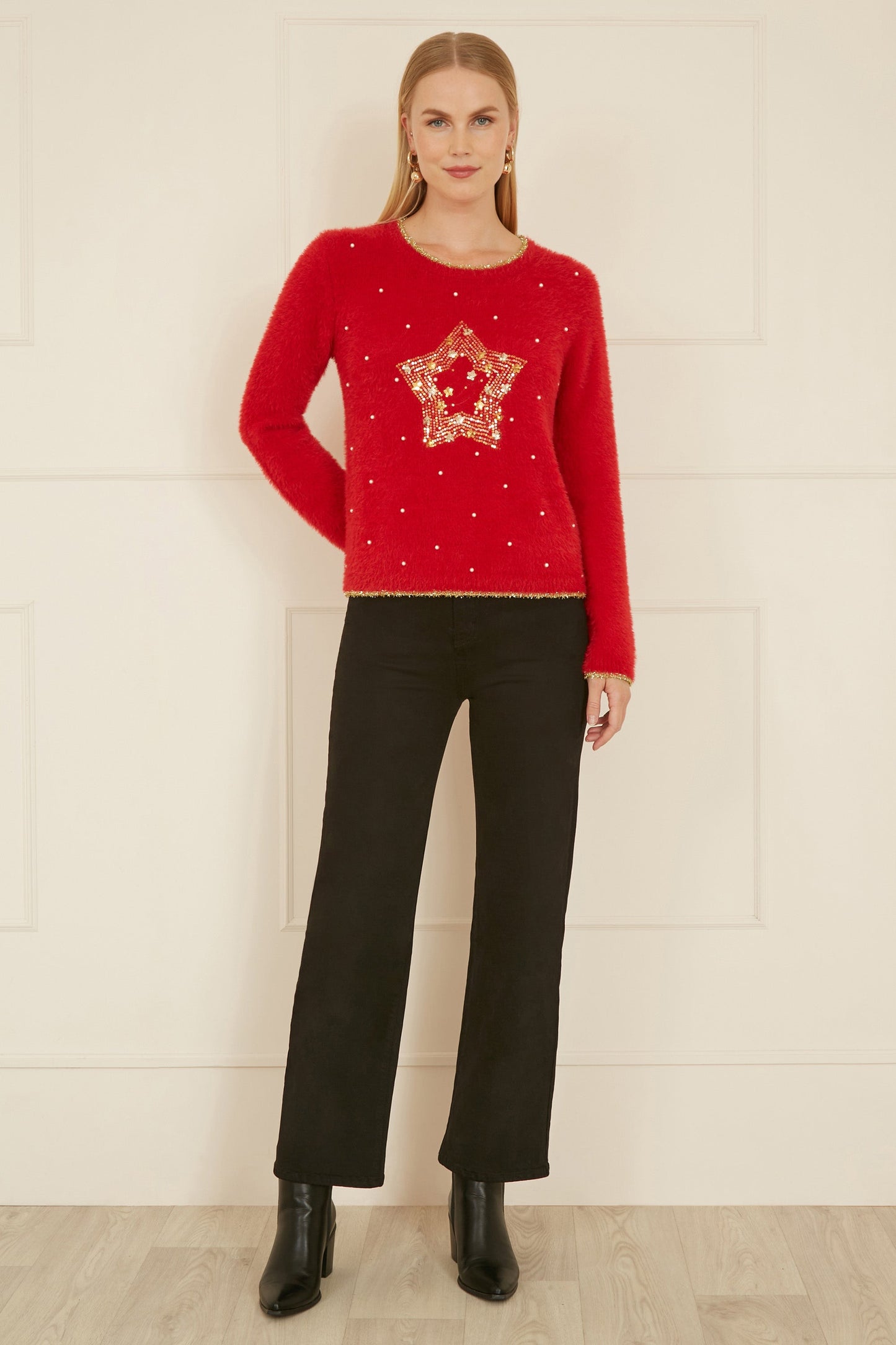 Yumi Red Knitted Fluffy Christmas Star Jumper