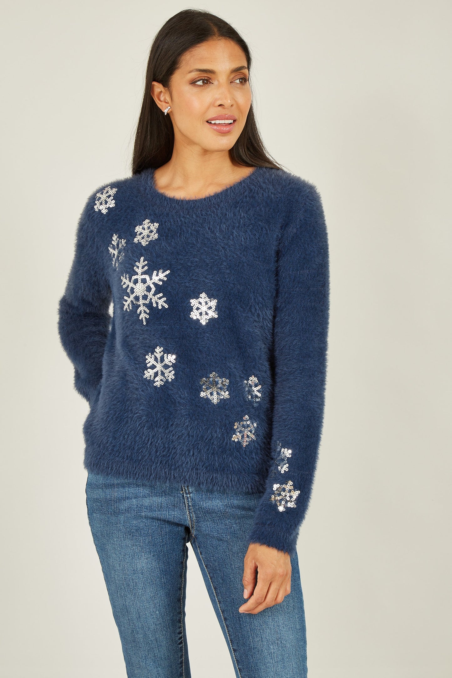 Yumi Navy Sequin Snowflake Fluffy Jumper