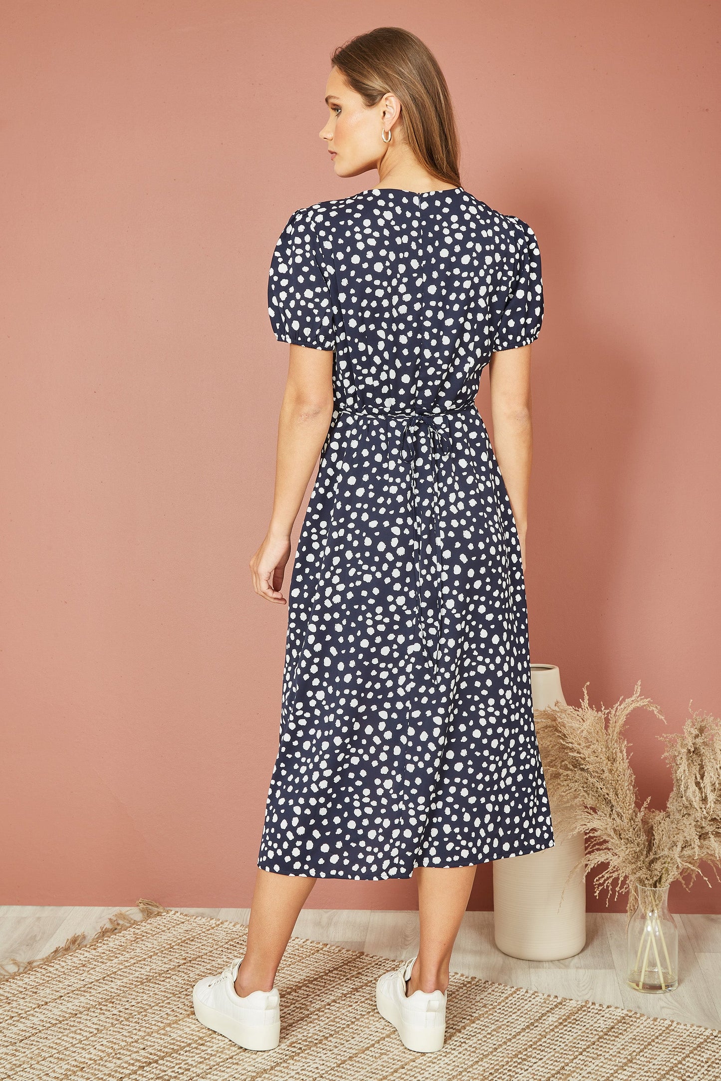 Yumi Navy Spot Midi Tea Dress