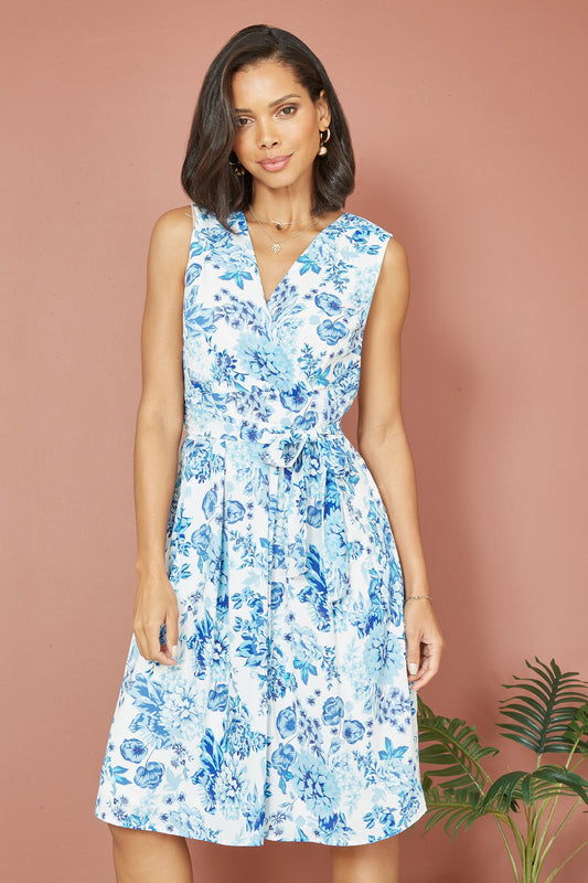 Yumi Blue Floral Wrap Over Skater Dress
