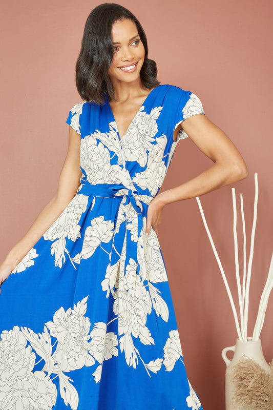 Yumi Blue Blossom Print Wrap Midi With Dipped Hem