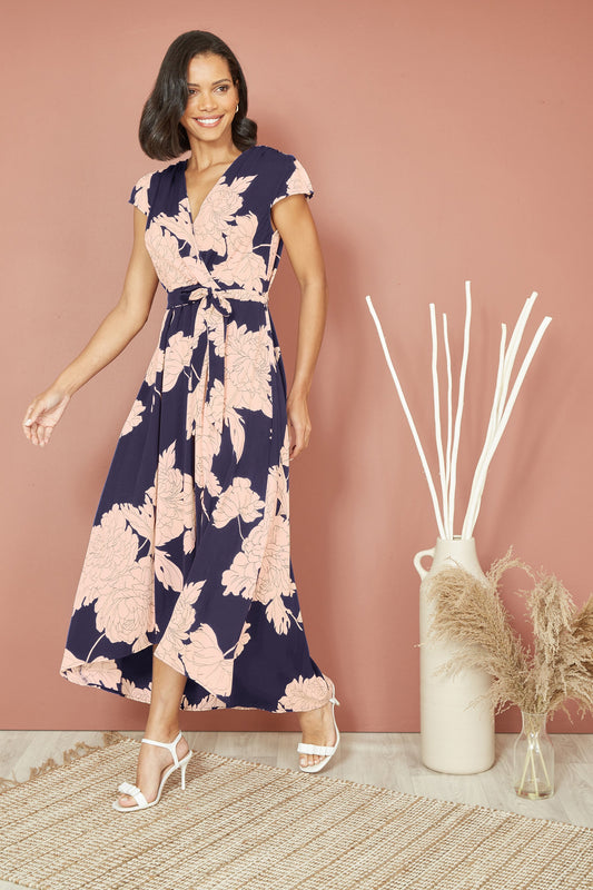 Yumi Navy Blossom Print Wrap Midi With Dipped Hem