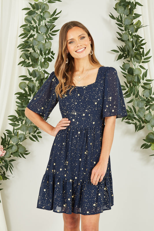 Yumi Navy Star Print Skater Dress