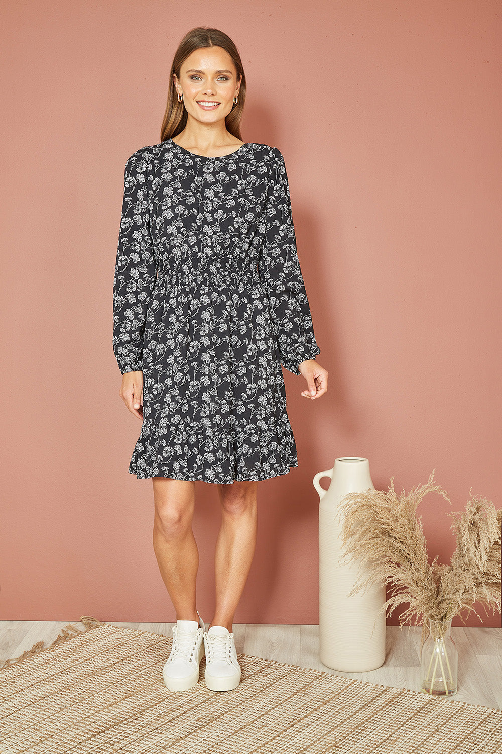 Mela Black Floral Print Ruched Waist Long Sleeve Skater Dress