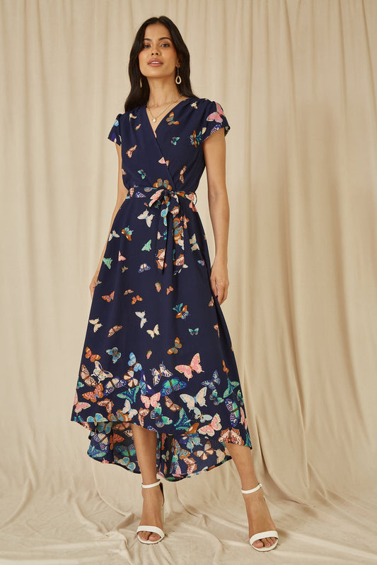 Yumi Navy Butterfly Print Dip Hem Midi Wrap Dress