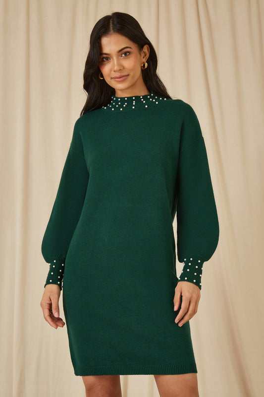 Yumi Green Pearl Detail Knitted Relaxed Jumper Dress
