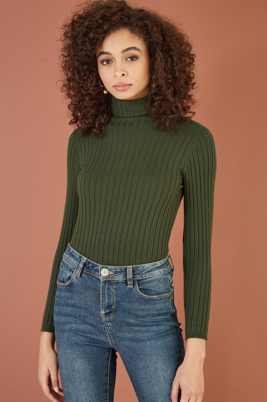 Yumi Green Ribbed Knit Roll Neck Jumper