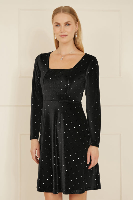 Yumi Black Skater Dress With Diamantes and Long Sleeve