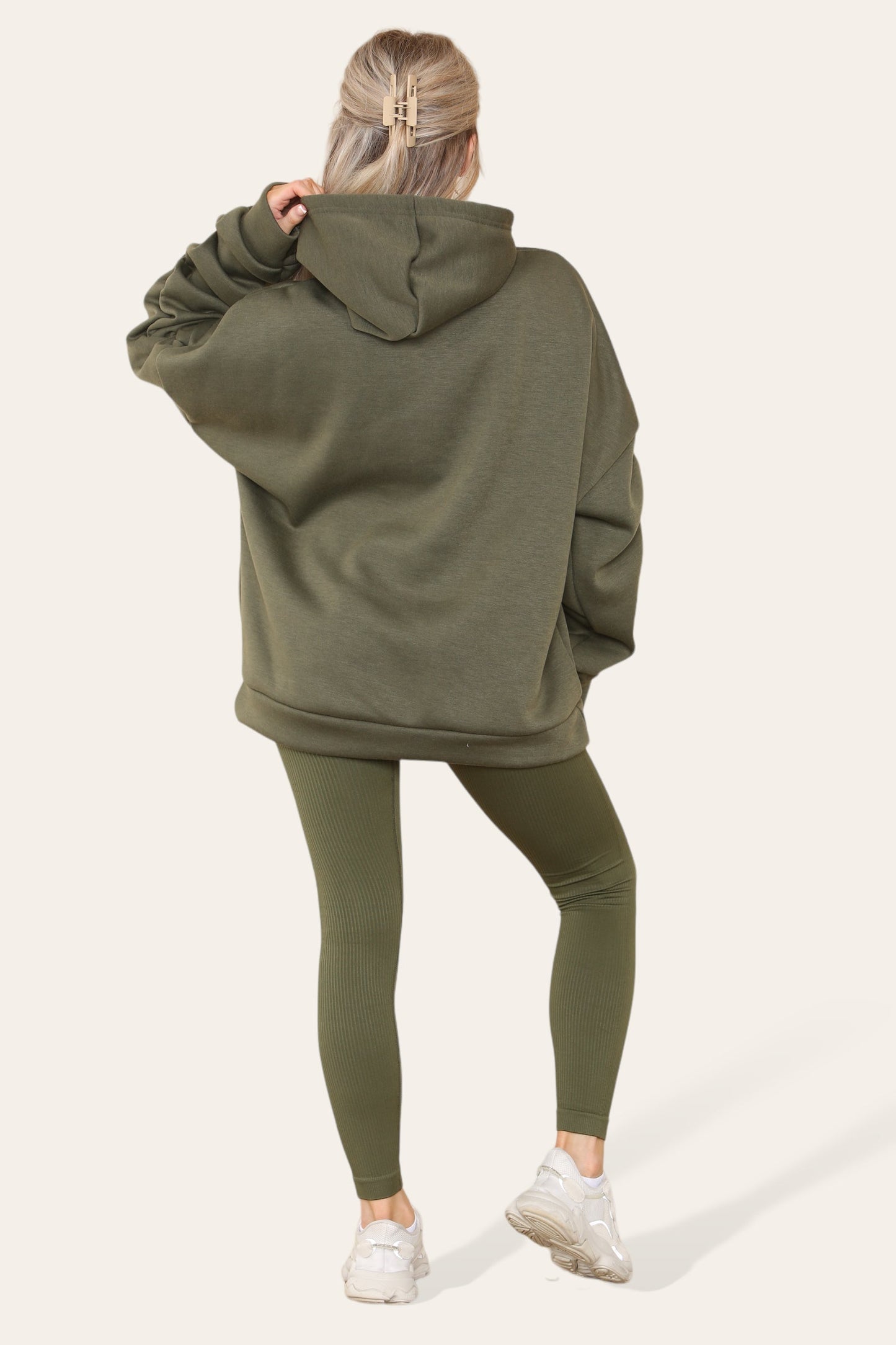 Oversized Ruched Sleeves Hoodie With Satin Ribbon with High Waist High Rise Seamless Ribbed Legging Set