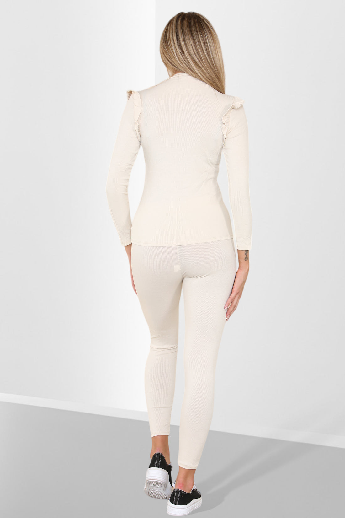 Side Buttons Frill Shoulder Side Neck Gold Button Detail Two Piece Loungewear Set