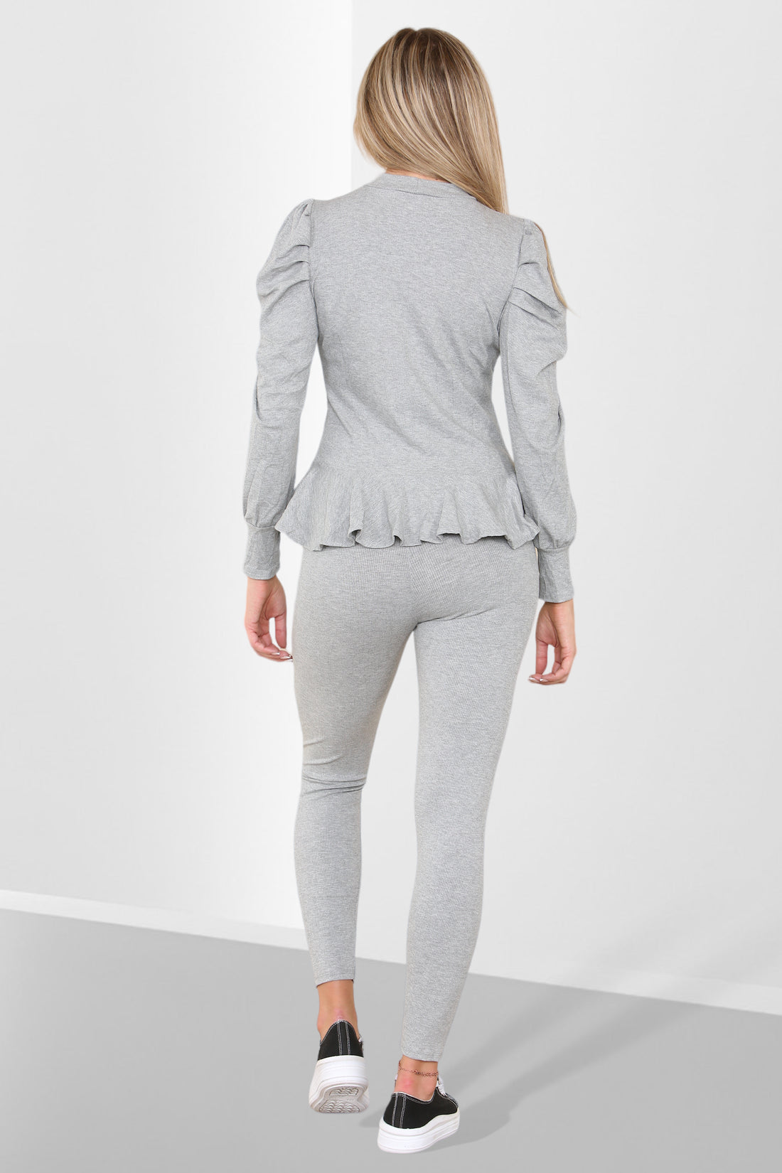 Puff Sleeves Set Frill Hem Peplum Ribbed Lounge Wear Suit