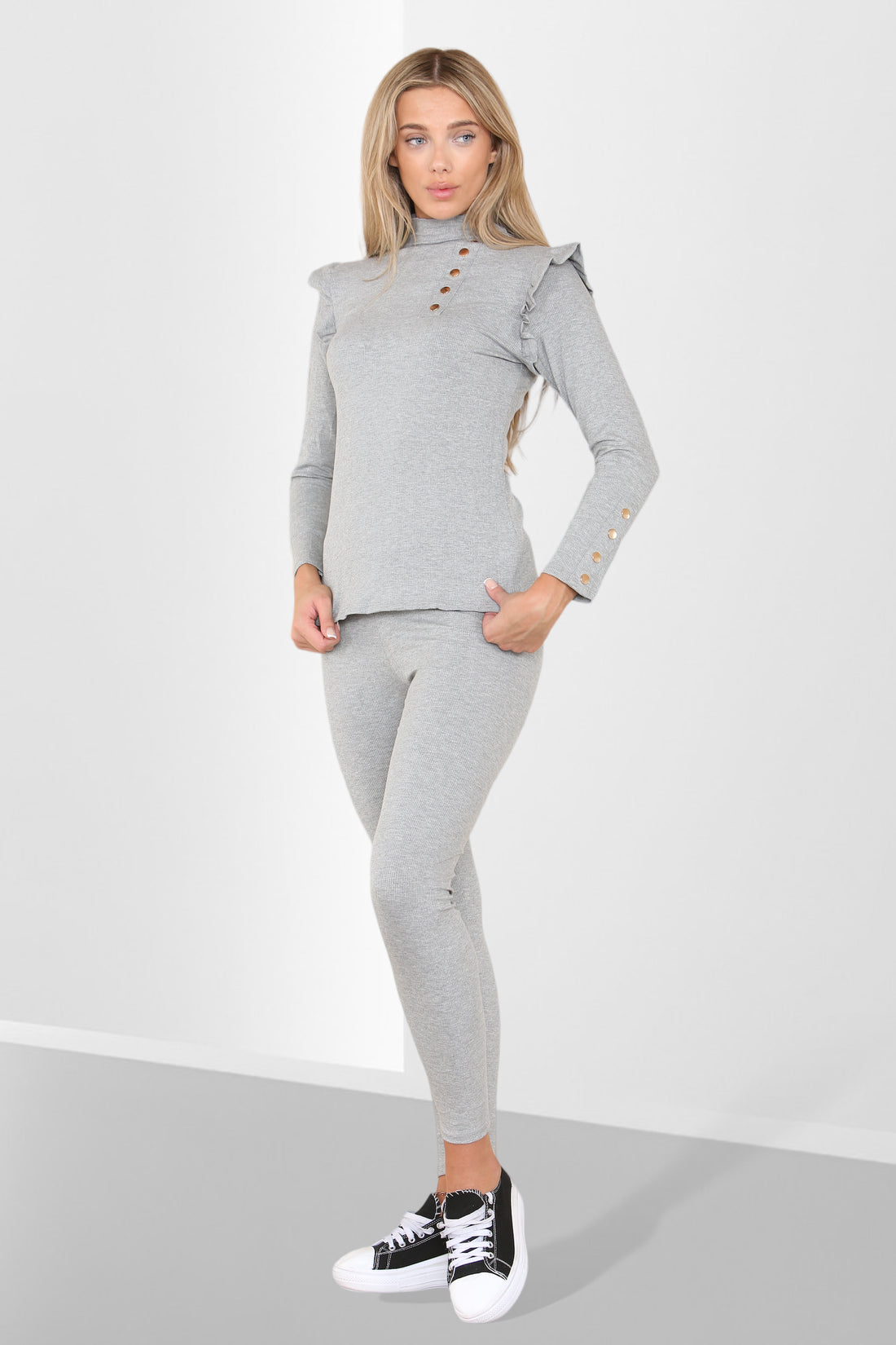 Side Buttons Frill Shoulder Side Neck Gold Button Detail Two Piece Loungewear Set