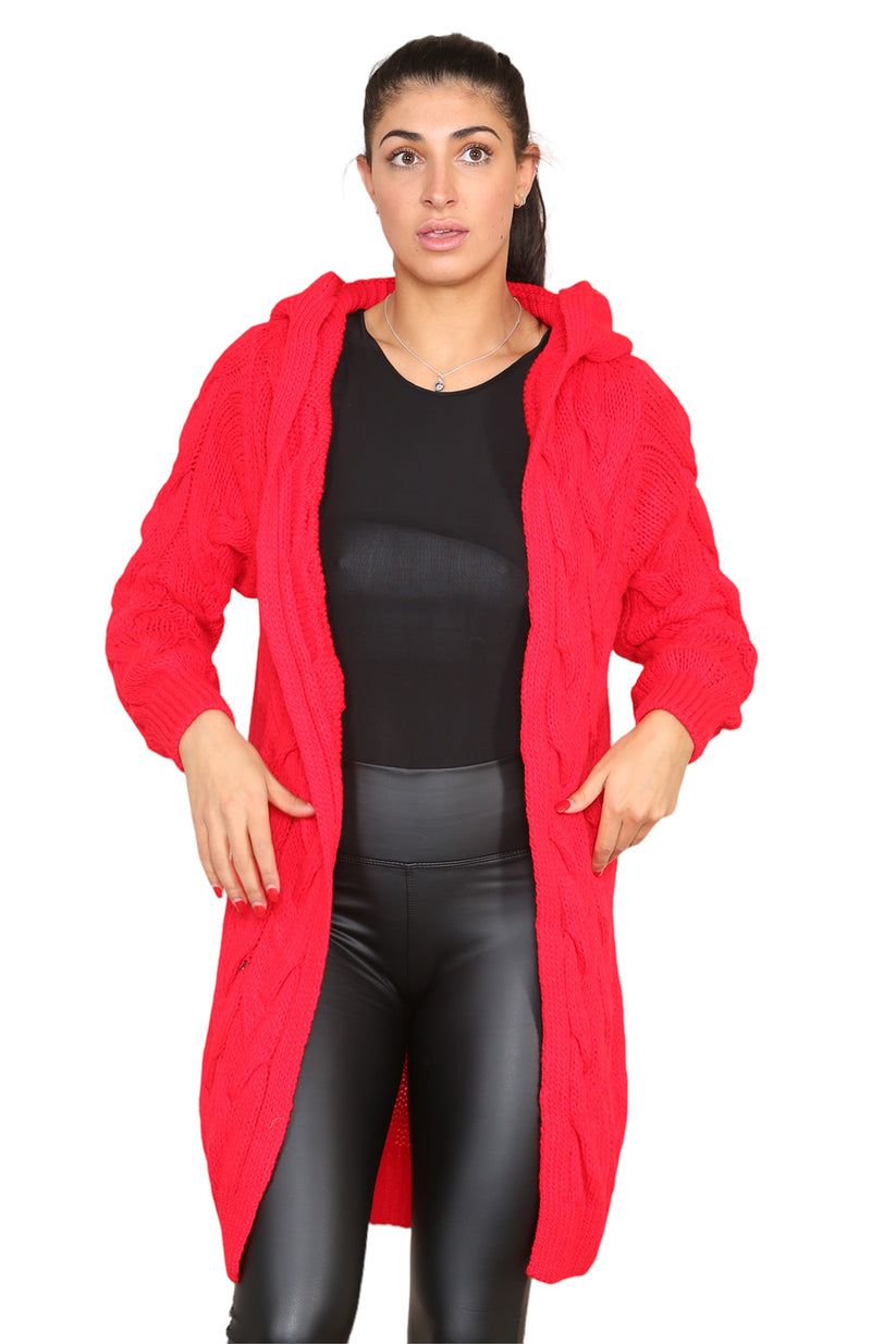 Knitted Cables Hooded Long Over Sized Cardigan