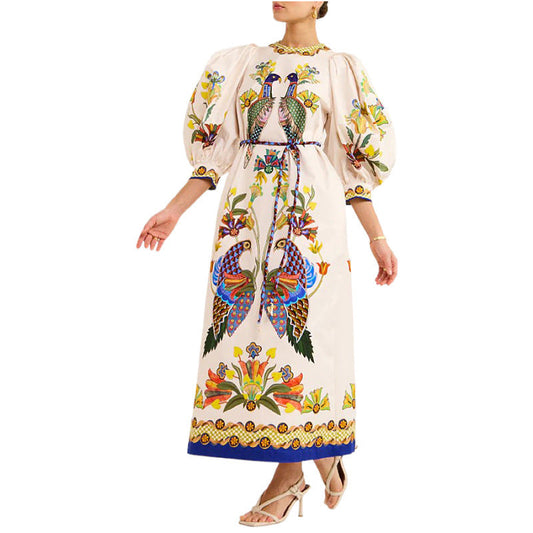 Women's Vintage Bohemian Style Round Neck 3/4 Length Sleeve Dress