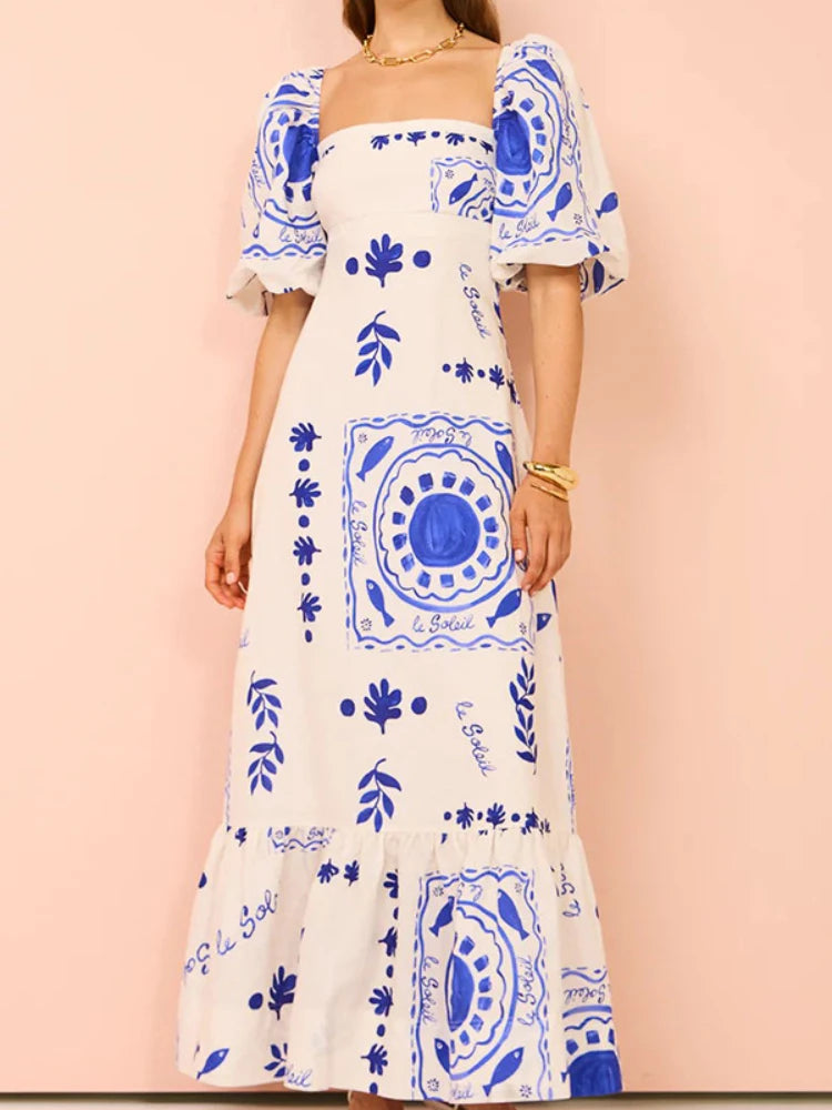2024 New Summer Fashion Casual One Line Neck Printed Lantern Sleeves Slim Fit Cotton Linen Dress Bohemian Party Dress