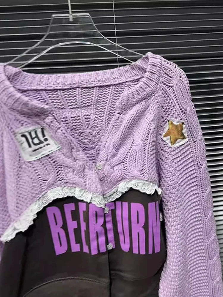 DEAT Women's Cardigan Patchwork Design Purple Drawstring Sleeves Printed Letters Sweater Coat 2024 Autumn New Fashion 29L8251