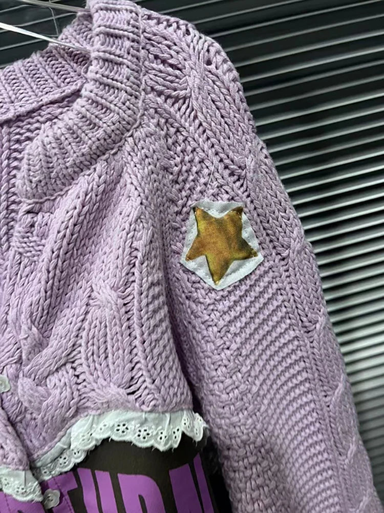 DEAT Women's Cardigan Patchwork Design Purple Drawstring Sleeves Printed Letters Sweater Coat 2024 Autumn New Fashion 29L8251