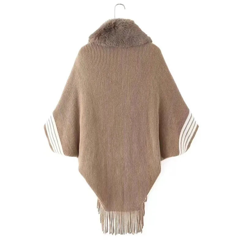 2024 Faux Fur Neck Winter Loose Cardigan Cape Sweater Striped Tassel Poncho Cloak Women Knitted Batwing Sleeves Long  Knitwear
