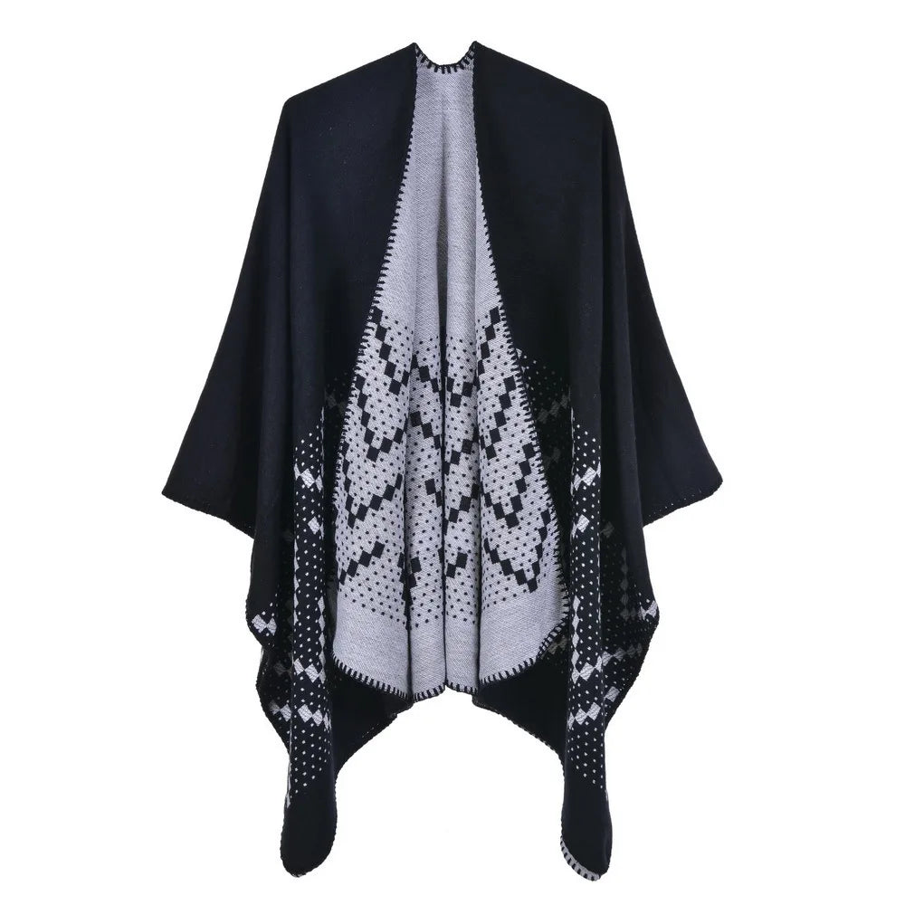 Autumn Winter Geometric Pattern Knitted Shawl Women's cloak Warm Scarf Fashion Street Poncho Lady Capes Gray Cloaks