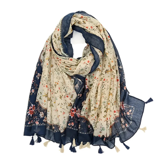 Printed Floral Cotton Tassel Scarf