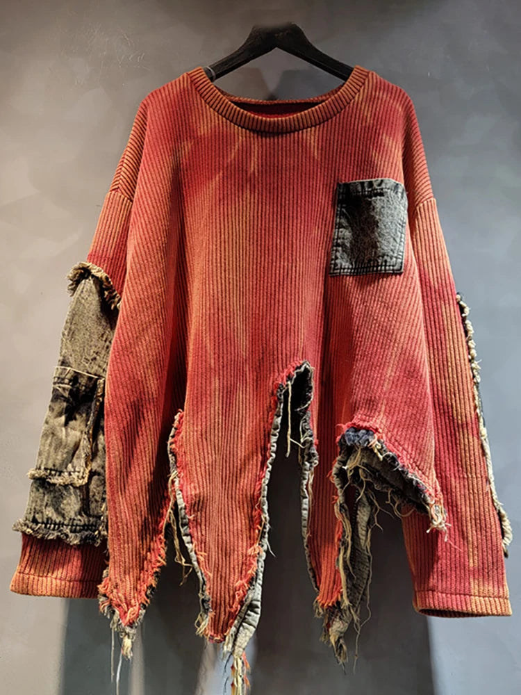 DEAT Women's Pullover Long Sleeve Tie-dye Irregular Do Old Patchwork Vintage Loose Denim Sweater 2024 Autumn New Fashion 29L8194