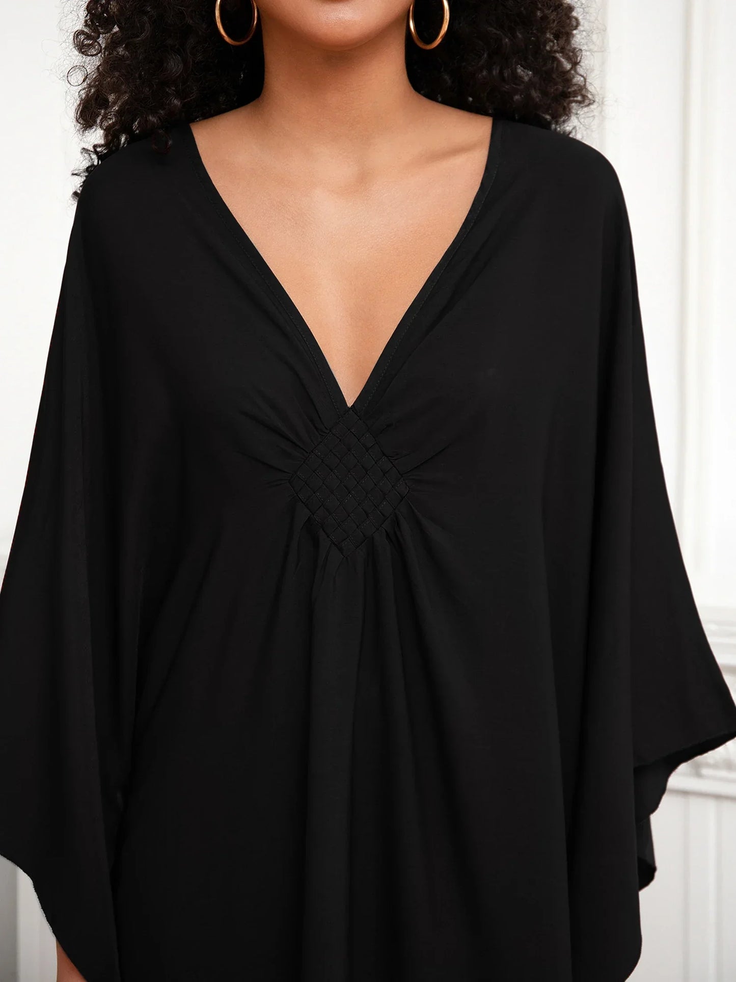 Bohemian Solid V-neck Batwing Sleeve Loose Maxi Dress