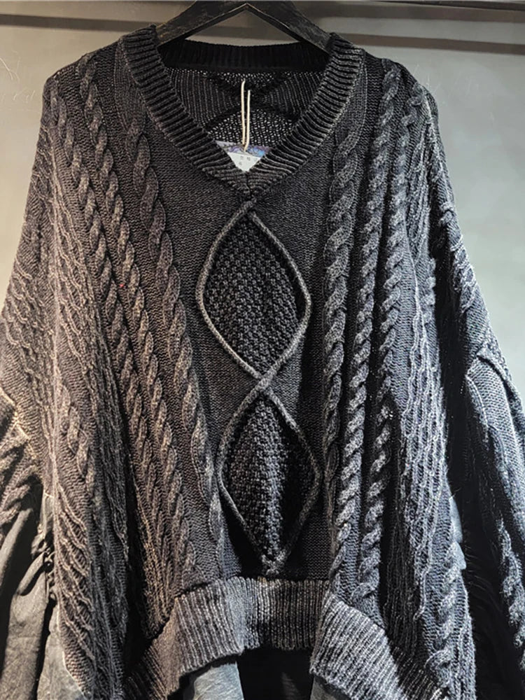 DEAT Women's Pullover Batwing Sleeve Knitted Loose Patchwork Ruffles Edge Retro V-neck Do Old Sweaters 2024 New Fashion 33A1448