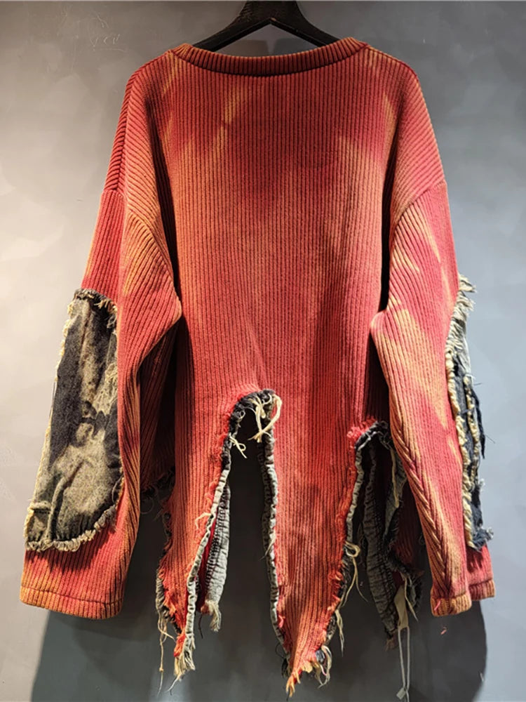 DEAT Women's Pullover Long Sleeve Tie-dye Irregular Do Old Patchwork Vintage Loose Denim Sweater 2024 Autumn New Fashion 29L8194