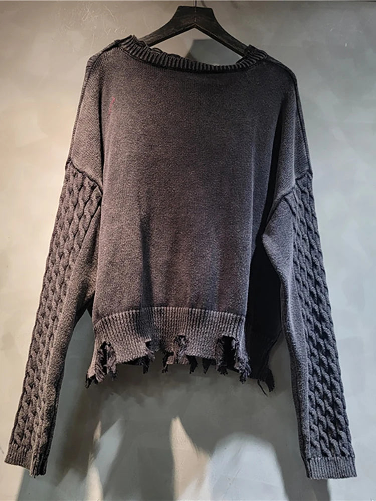 DEAT Women's Sweater Loose Patchwork Letters Distressed Long Sleeve Knitted Tassel Pullover Autumn 2024 New Fashion 29L8324