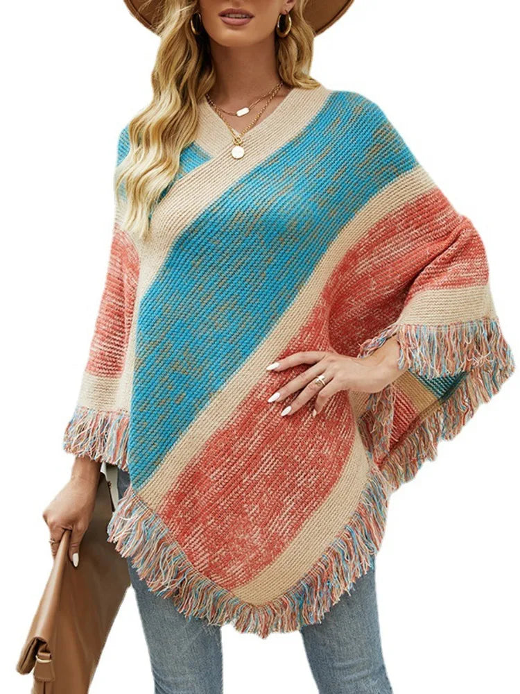 Autumn Winter Batwing Sleeve Rainbow Striped Poncho