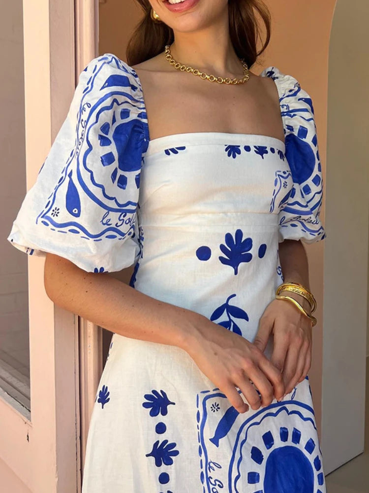 2024 New Summer Fashion Casual One Line Neck Printed Lantern Sleeves Slim Fit Cotton Linen Dress Bohemian Party Dress