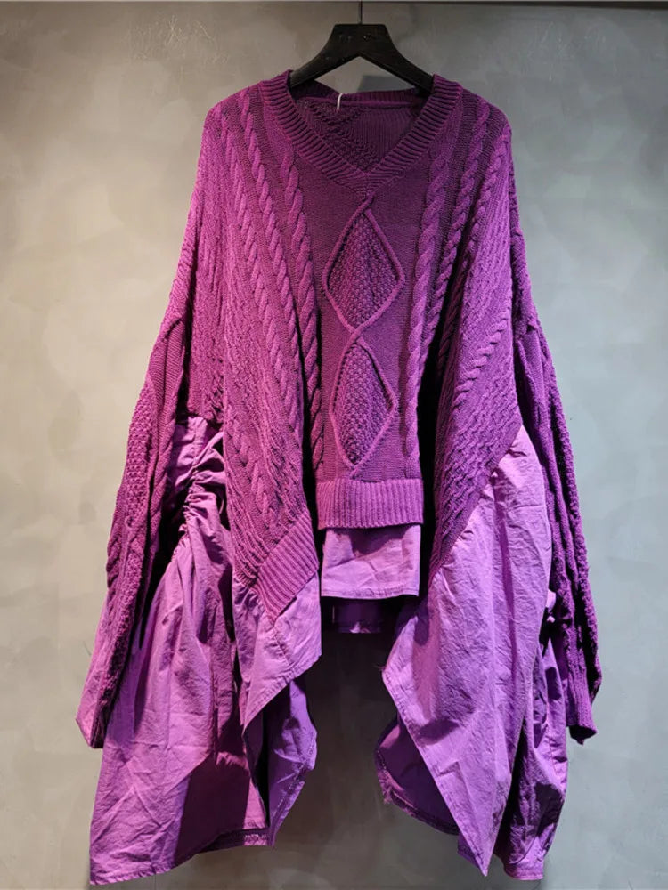 DEAT Women's Pullover Batwing Sleeve Knitted Loose Patchwork Ruffles Edge Retro V-neck Do Old Sweaters 2024 New Fashion 33A1448