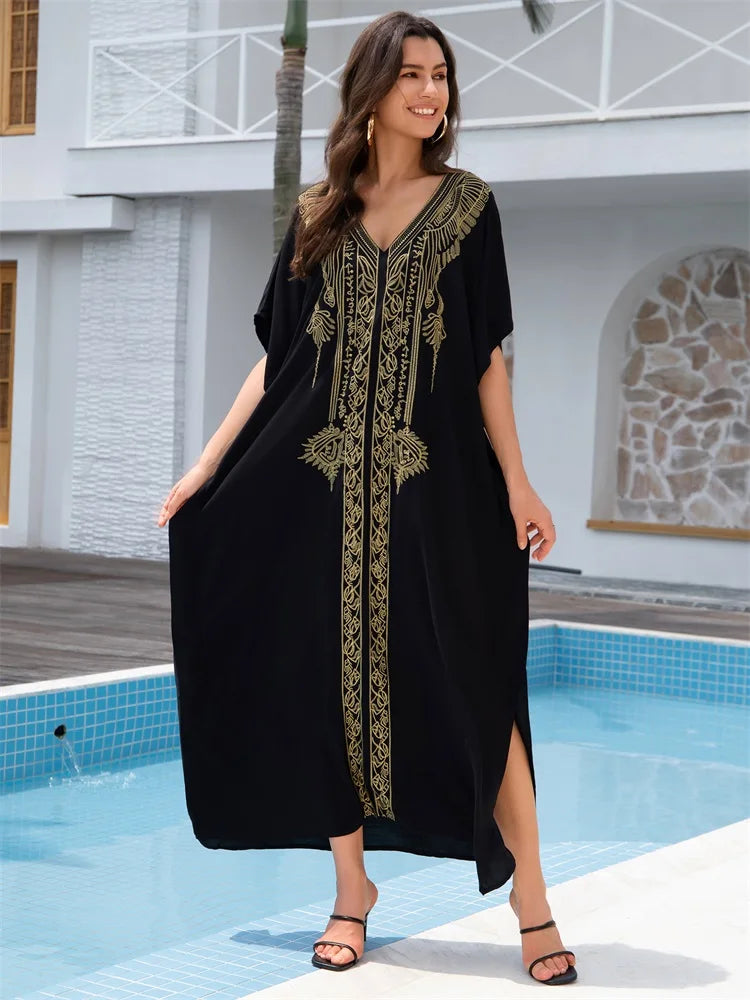 2024 Boho Gold Embroidery Printed Batwing Sleeve Kaftan Dress For Women Sexy V Neck Beachwear Vacation Swimsuit Cover-ups Q1700