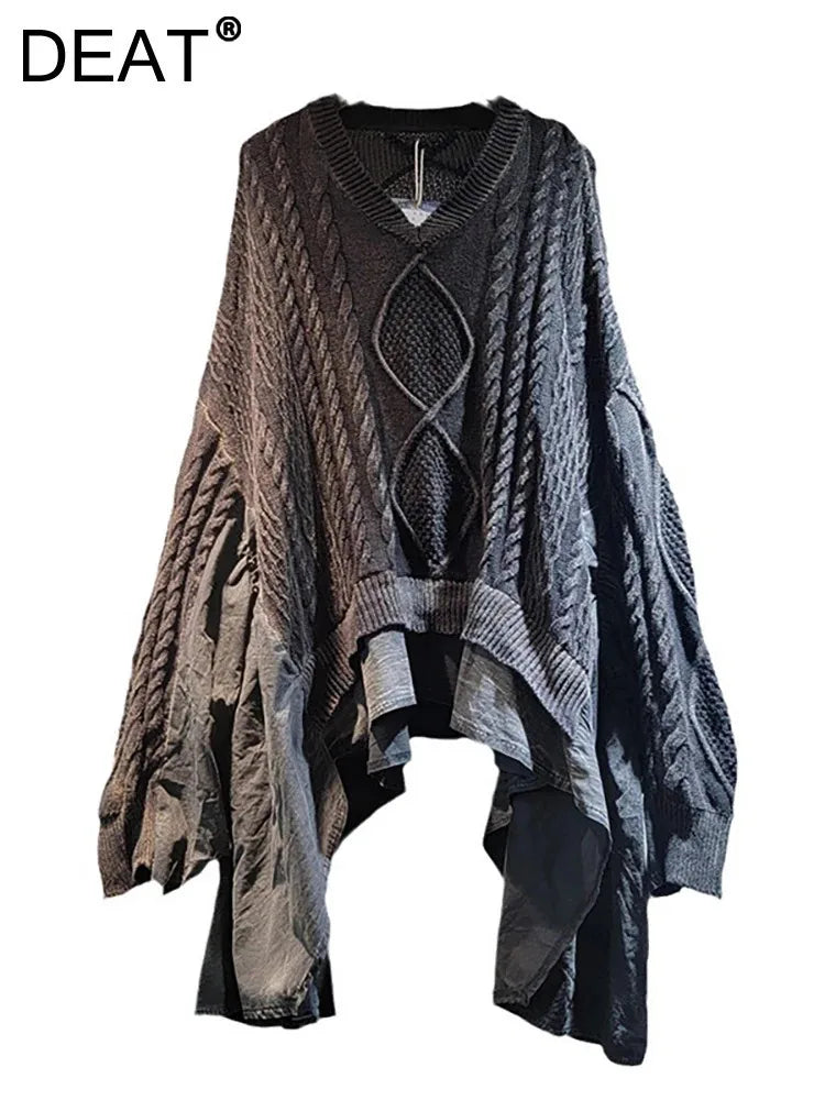 DEAT Women's Pullover Batwing Sleeve Knitted Loose Patchwork Ruffles Edge Retro V-neck Do Old Sweaters 2024 New Fashion 33A1448