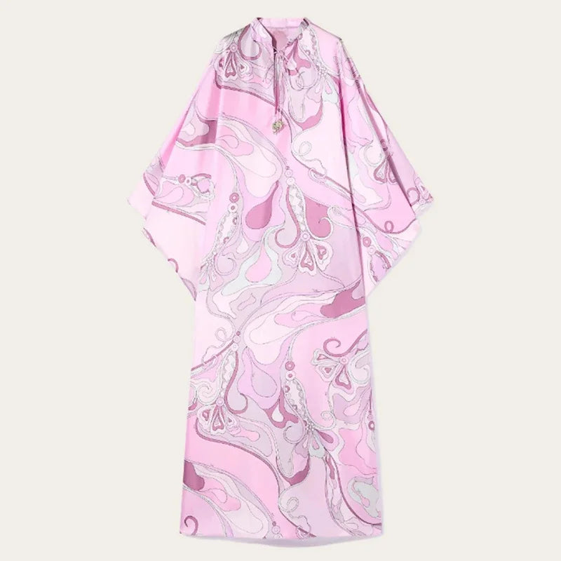 Early Autumn Pattern Printed Party Dress Retro Seven Quarter Sleeve Middle Eastern Dress Ladies O-neck Lace Up Loose Robe Dress