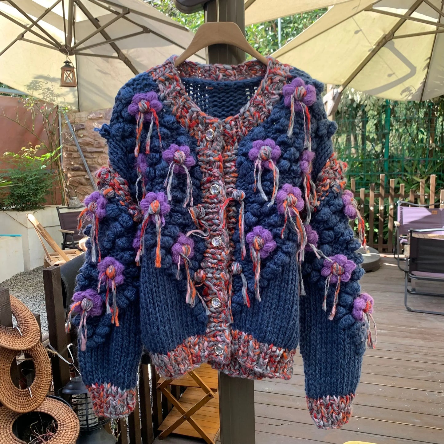 Chunky Flower Knitted Cardigan Women 2024 Warm Handmade Knit Coat NIche Design Autumn Winter Outfit Sweater