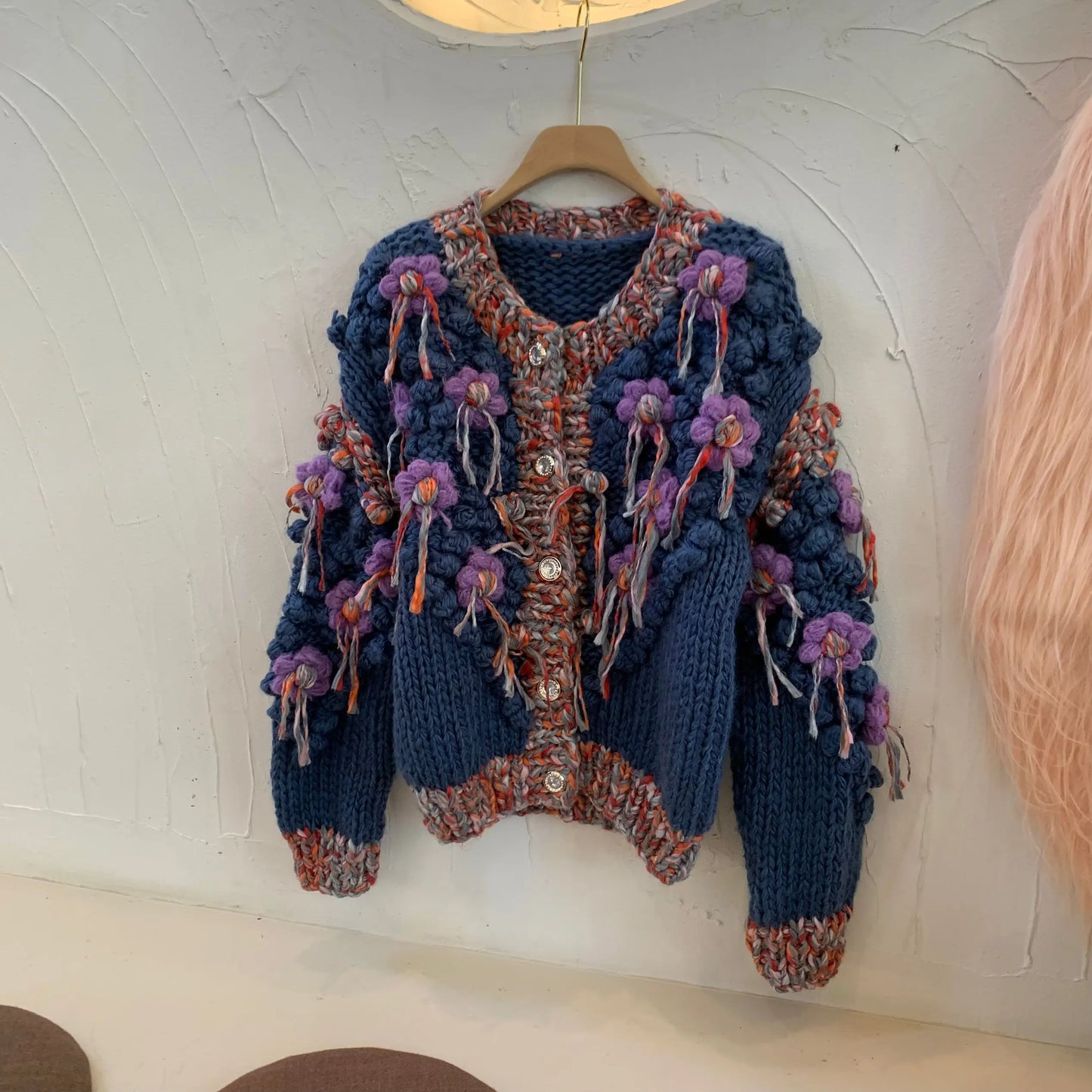 Chunky Flower Knitted Cardigan Women 2024 Warm Handmade Knit Coat NIche Design Autumn Winter Outfit Sweater