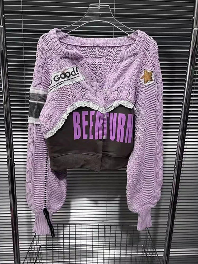 DEAT Women's Cardigan Patchwork Design Purple Drawstring Sleeves Printed Letters Sweater Coat 2024 Autumn New Fashion 29L8251