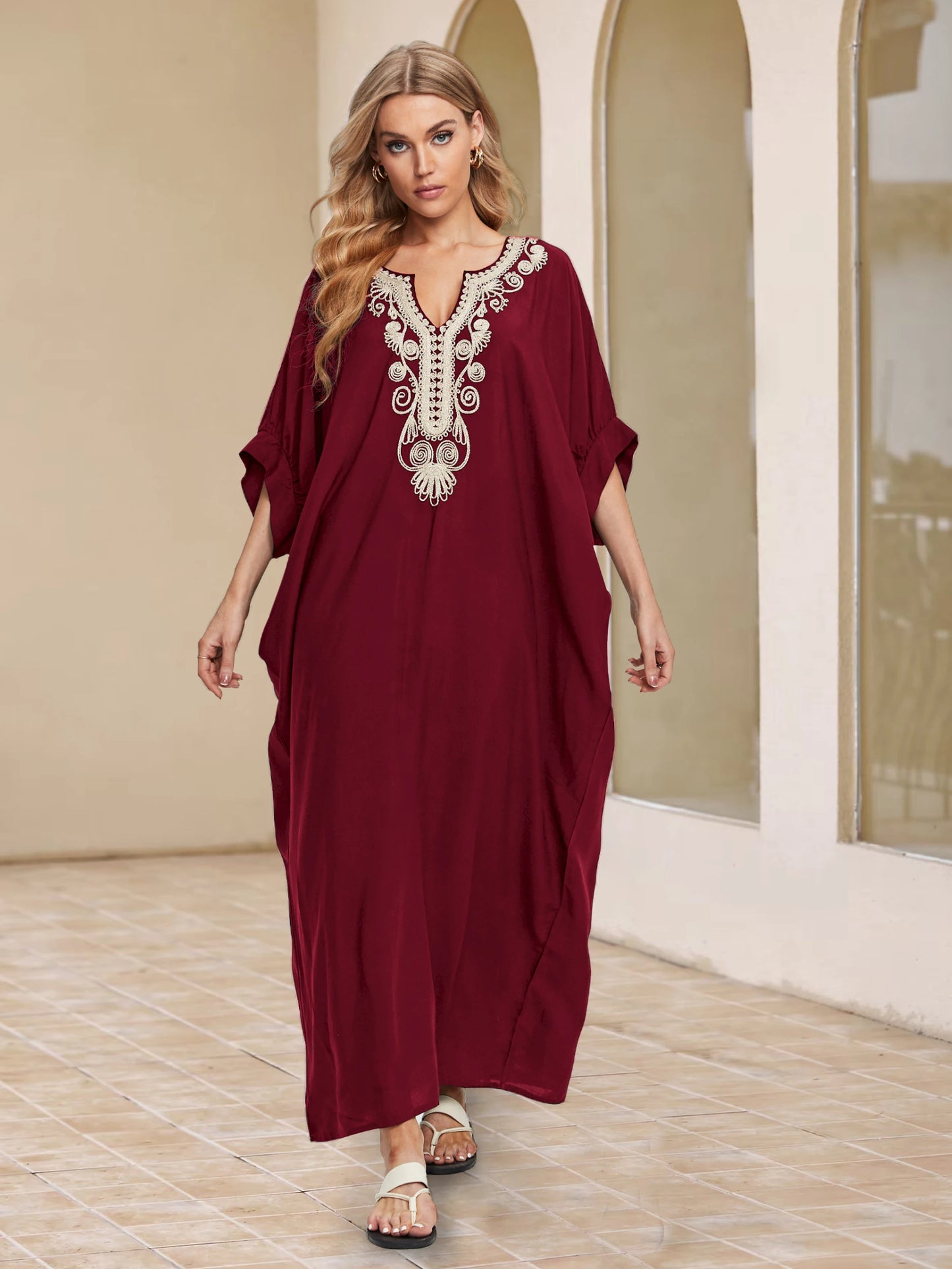Summer Beachwear Black V-neck Embroidery Women Plus Size Kaftan Retro Elegant Beach Dress Swimsuit Cover-ups Loose Robe Q1631