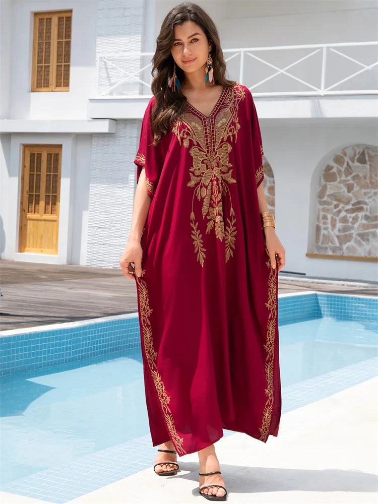 Sexy V-neck Gold Embroidery Long Beach Dress Women's Red Vintage Kaftan Loose Beachwear Vacation Swimsuit Bikini Cover-ups Q1702