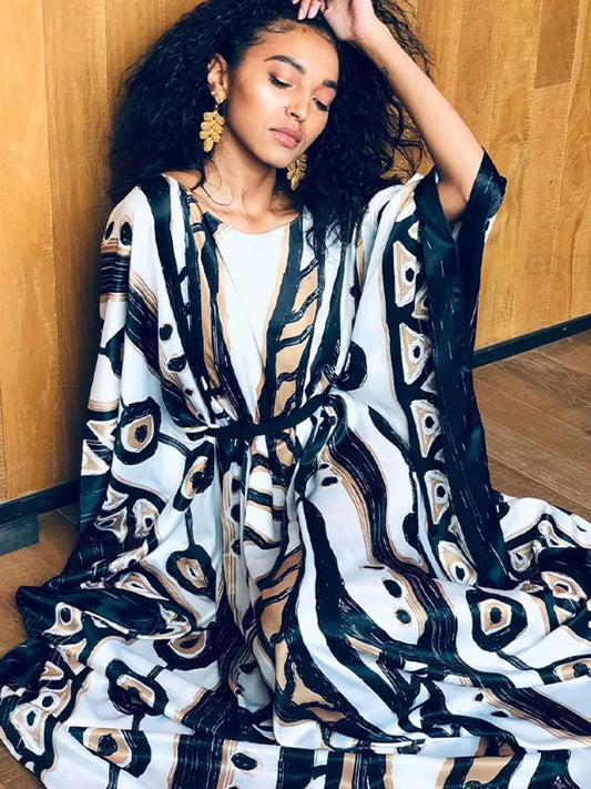2023 Elegant Long Kaftan Printed V-neck Batwing Sleeve Street Wear Loose Maxi Dresses Women Beach Wear Swim Suit Cover Up Q1341