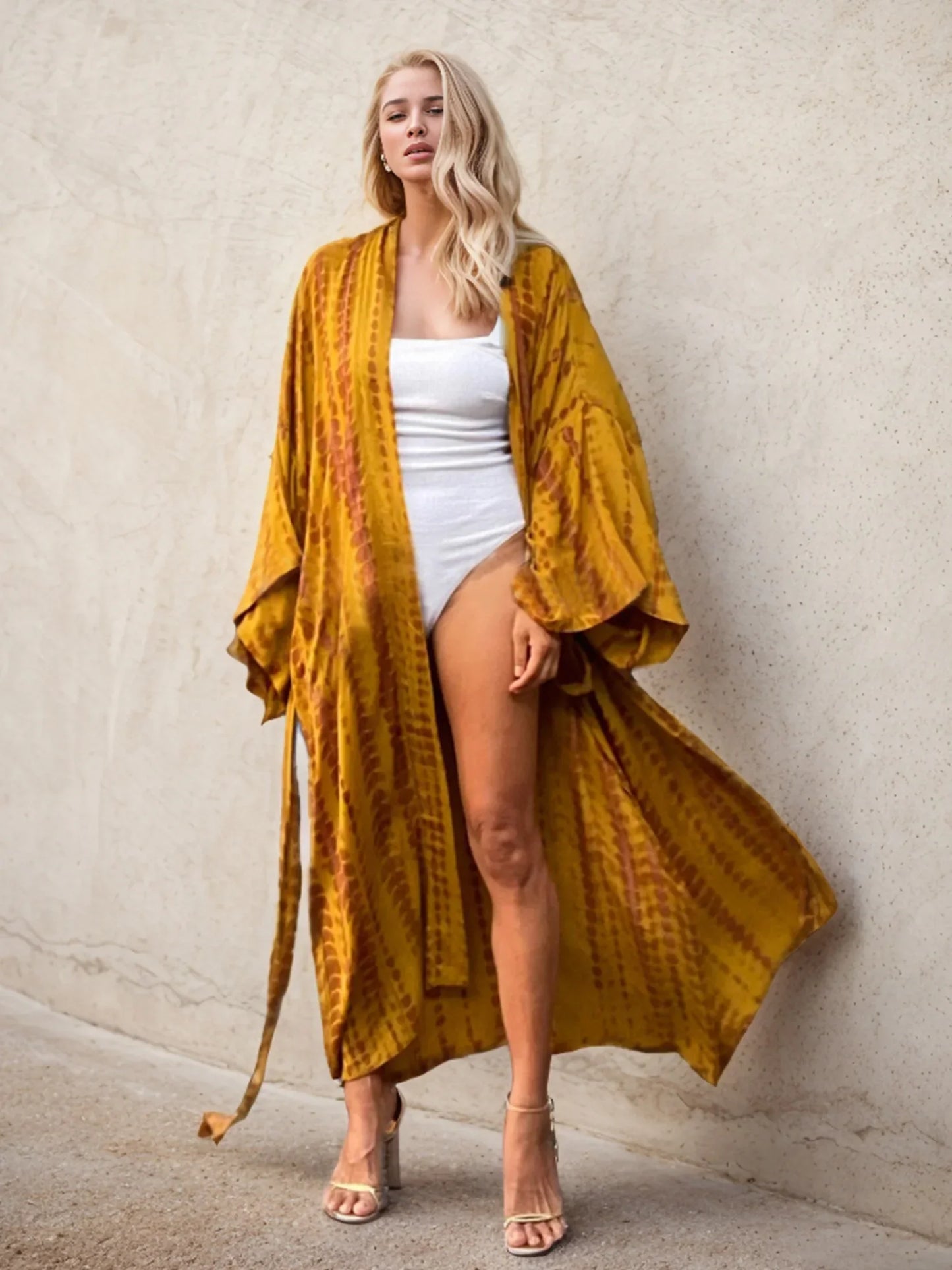 Boho Tie Dye Print Belted Kimono Cardigan