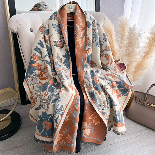 Luxury Winter Cashmere Scarf for Women Exquisite Floral Print Warm Pashmina Shawl Thick Cozy Blanket Wrap Foulard