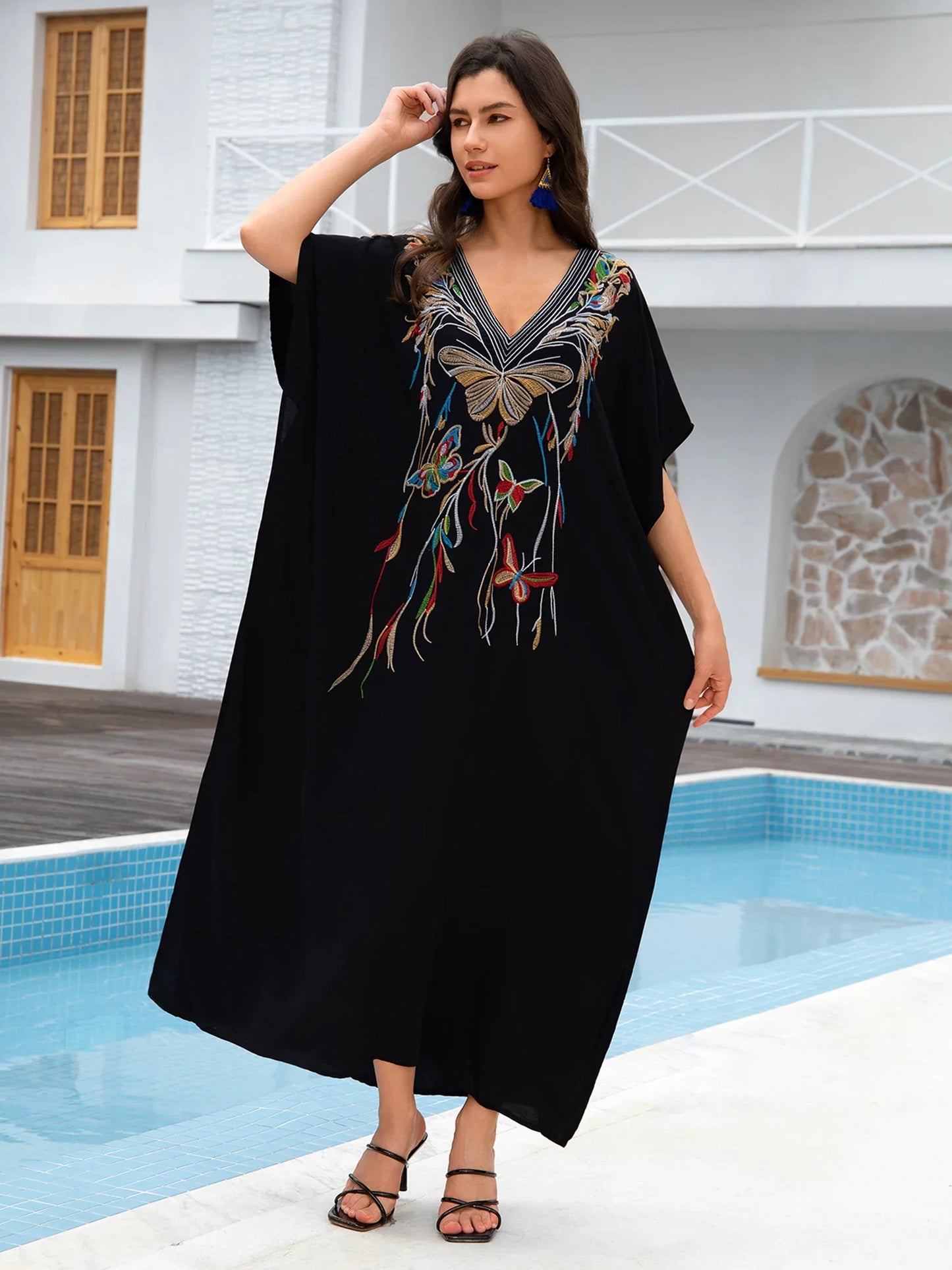 Butterfly Embroidery Print Batwing Sleeve Kaftan