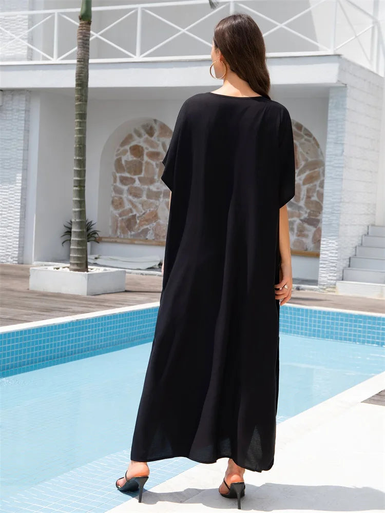 2024 Boho Gold Embroidery Printed Batwing Sleeve Kaftan Dress For Women Sexy V Neck Beachwear Vacation Swimsuit Cover-ups Q1700