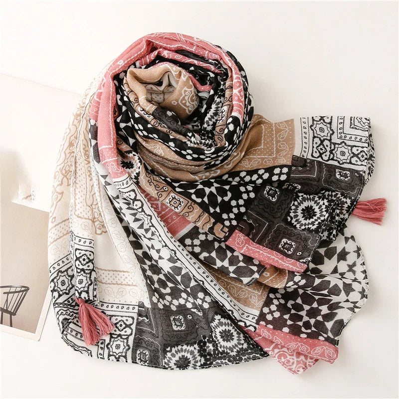Printed Floral Cotton Tassel Scarf
