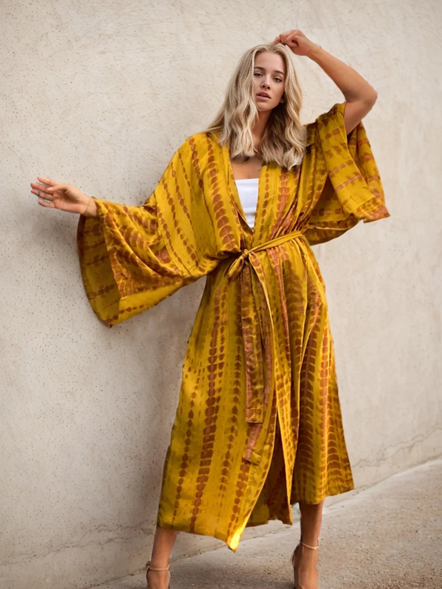 Boho Tie Dye Print Belted Kimono Cardigan